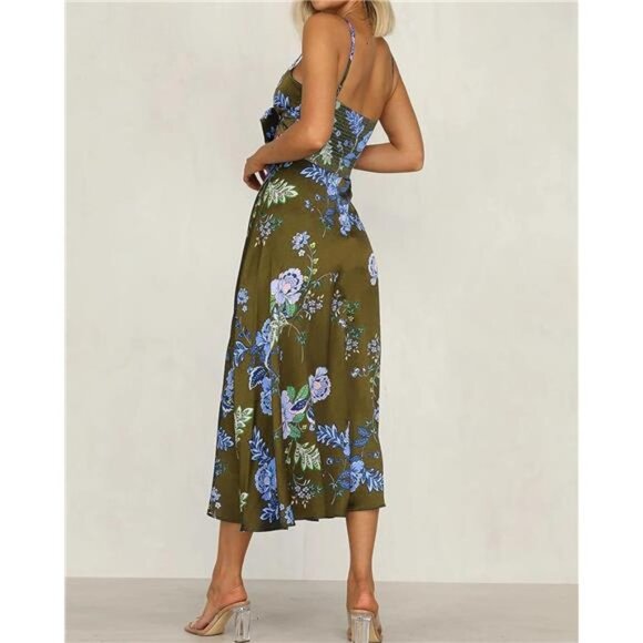 Army Green Floral Print Satin Tie Front Bodycon Cami Dress Midi Party Dress - Picture 4 of 6